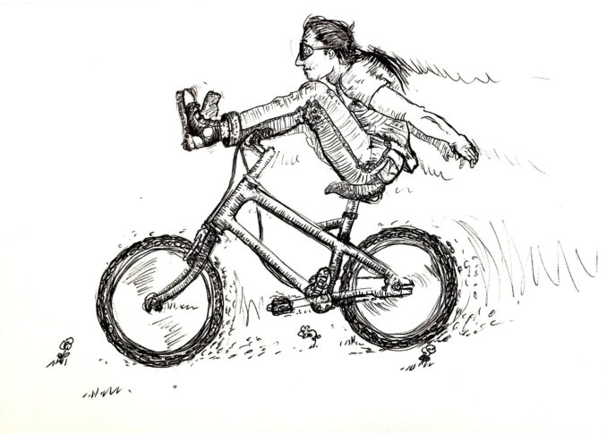 Black and white drawing of a person joyfully riding a bike, arms outstretched, steering with their feet up on the handlebars.