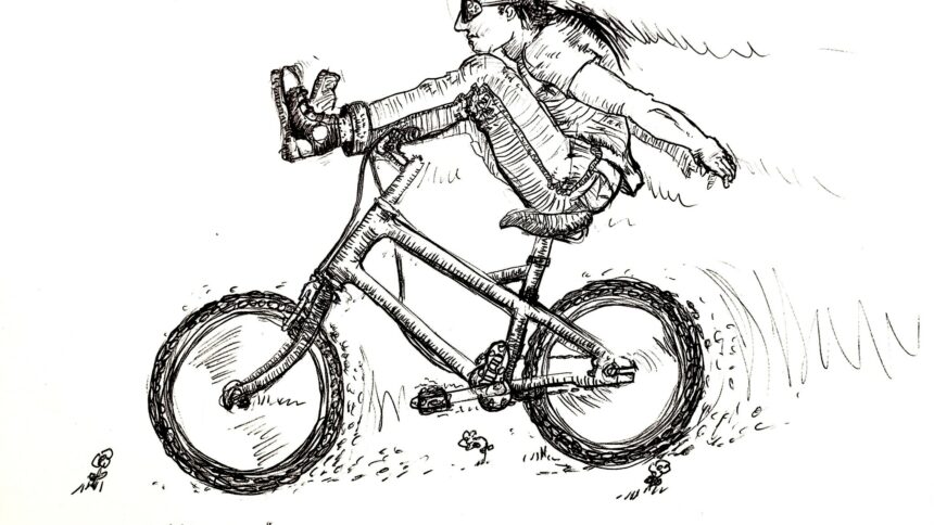 Black and white drawing of a person joyfully riding a bike, arms outstretched, steering with their feet up on the handlebars.