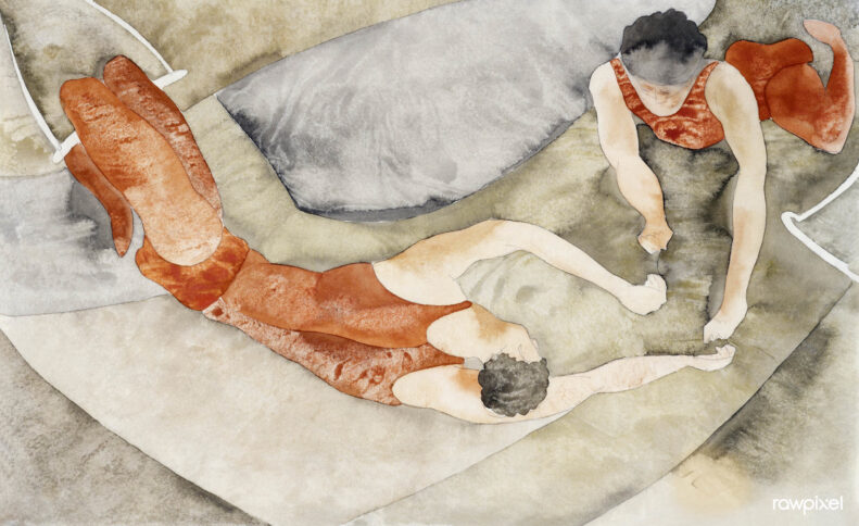 In this piece by Charles Demuth, titled Two Trapeze Performers in Red (ca.1917) two trapeze artists, one of them midair and the other upside down, legs bent at the knees on the trapeze bar, reach for each other's hands.