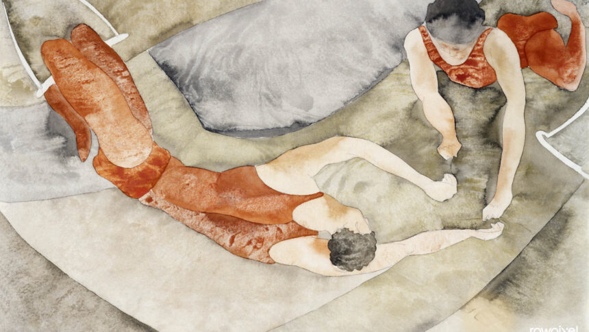 In this piece by Charles Demuth, titled Two Trapeze Performers in Red (ca.1917) two trapeze artists, one of them midair and the other upside down, legs bent at the knees on the trapeze bar, reach for each other's hands.