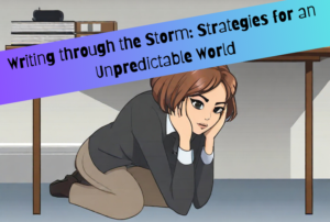 vector image of a white brunette woman crouching under a desk under the title text