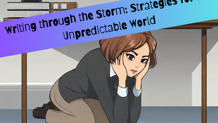 vector image of a white brunette woman crouching under a desk under the title text